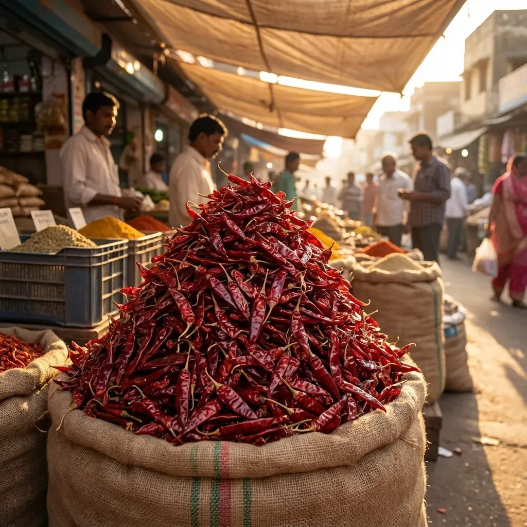 Red chilli powder and dried Indian chillies