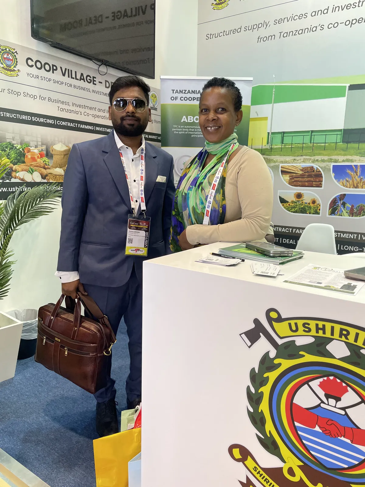 Rahul Govindu meeting a representative of the Tanzania Federation of Cooperatives at the Coop Village stand, Gulfood 2026